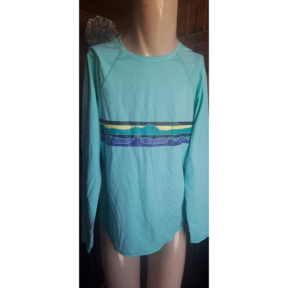 L.L.Bean Women’s Aqua Long Sleeve Rash Guard Swim Shirt Mountain Graphic Size Me